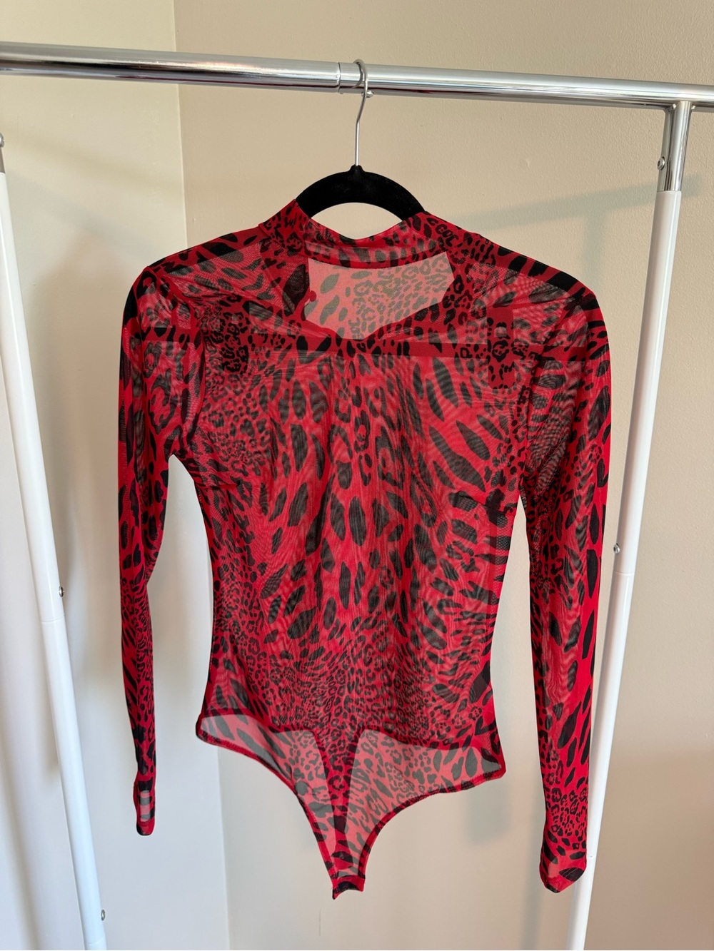 Windsor Red & Black Animal-Print Sheer Mock-Neck Long Sleeve Top - Picture 2 of 6